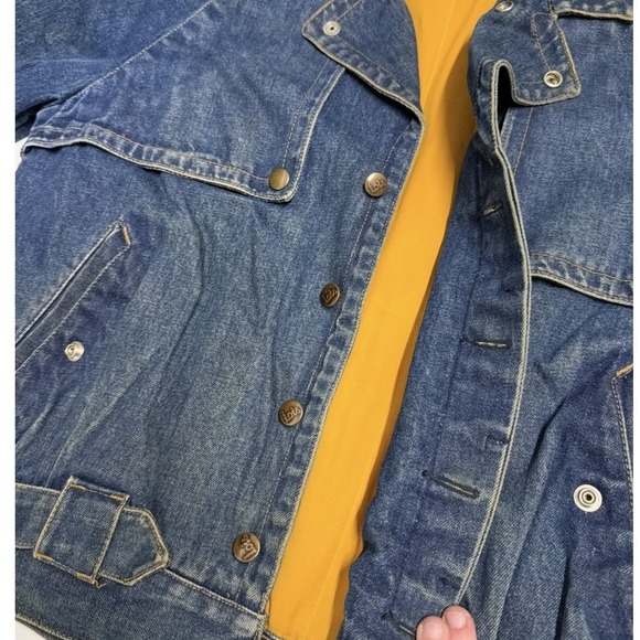 Vintage 80s Denim Biker Jacket Blue Belted Quilted Lining Moto Trucker Coat - Picture 3 of 9